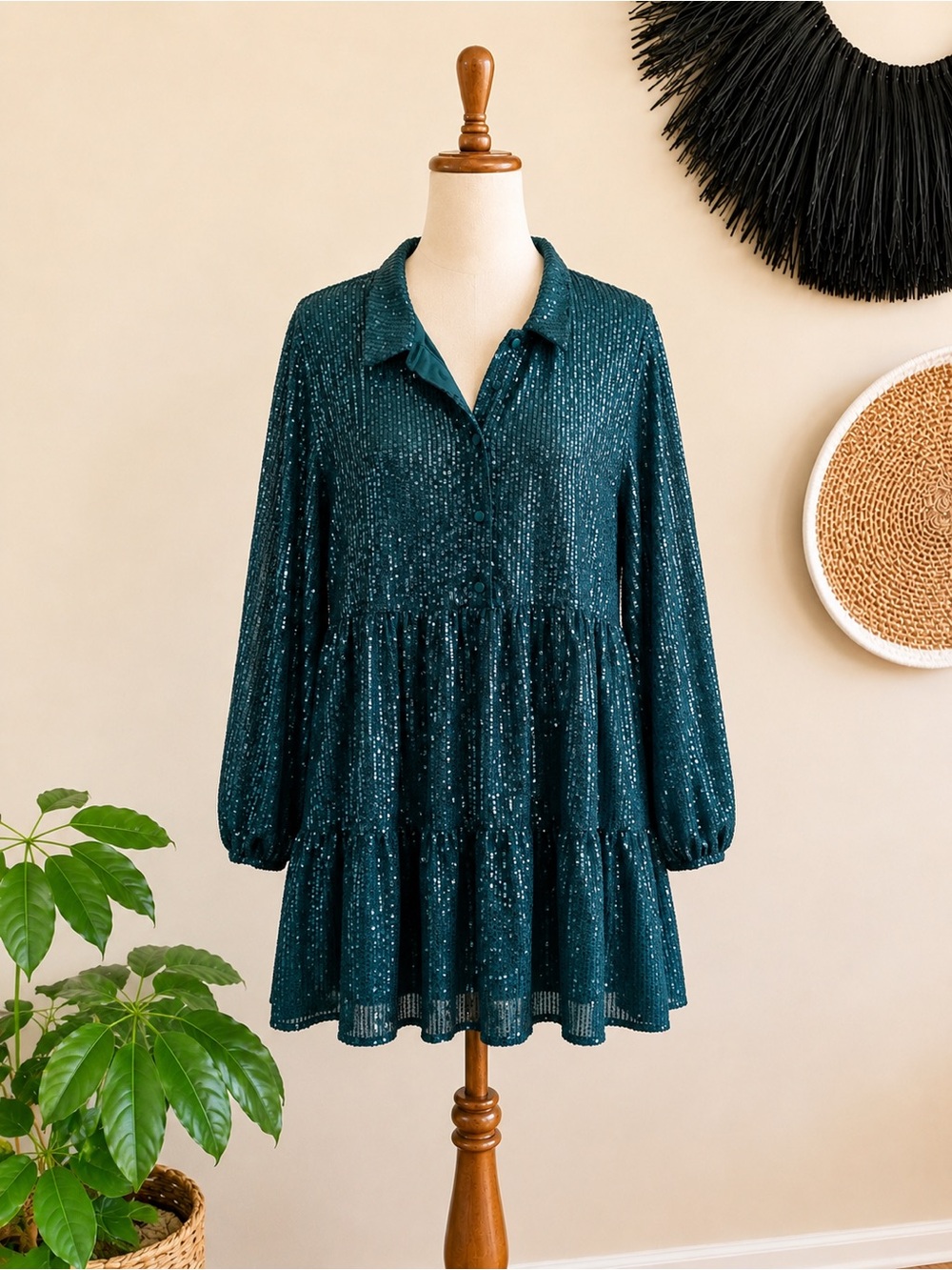 Teal Long-Sleeve Tiered Shirt Dress ✨NWOT never worn ✨